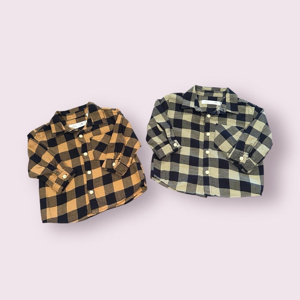 Baby Set Of Two Zara Plaid Button Down Shirts Olive And Gold Size 3-6 Months